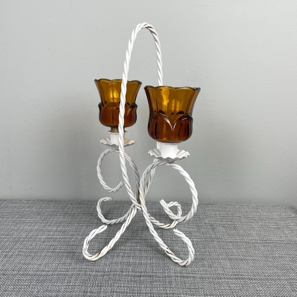 VTG Cottagecore Boho‎ White Twisted Metal Amber Glass Candle Holder Centerpiece